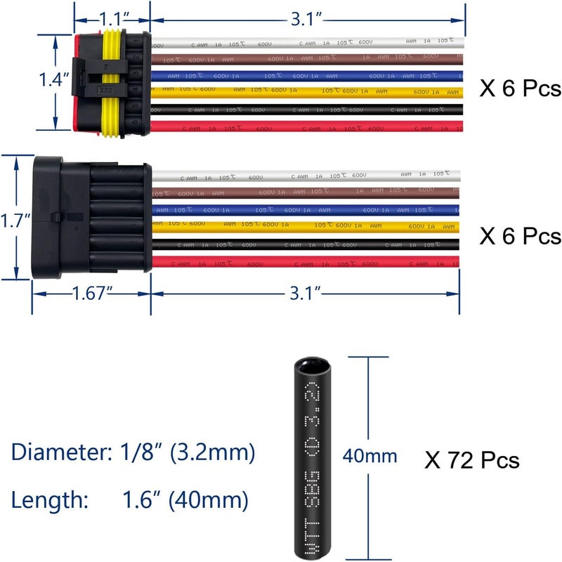 Twippo 6 Kit 16 AWG 6 Pin Connector Car Waterproof Wire Connectors 6 Pin Automotive Electrical Connectors Quick Disconnect 6 Way Wire Terminal Connector Plug and Heat Shrink Tubing Kit - Image 3
